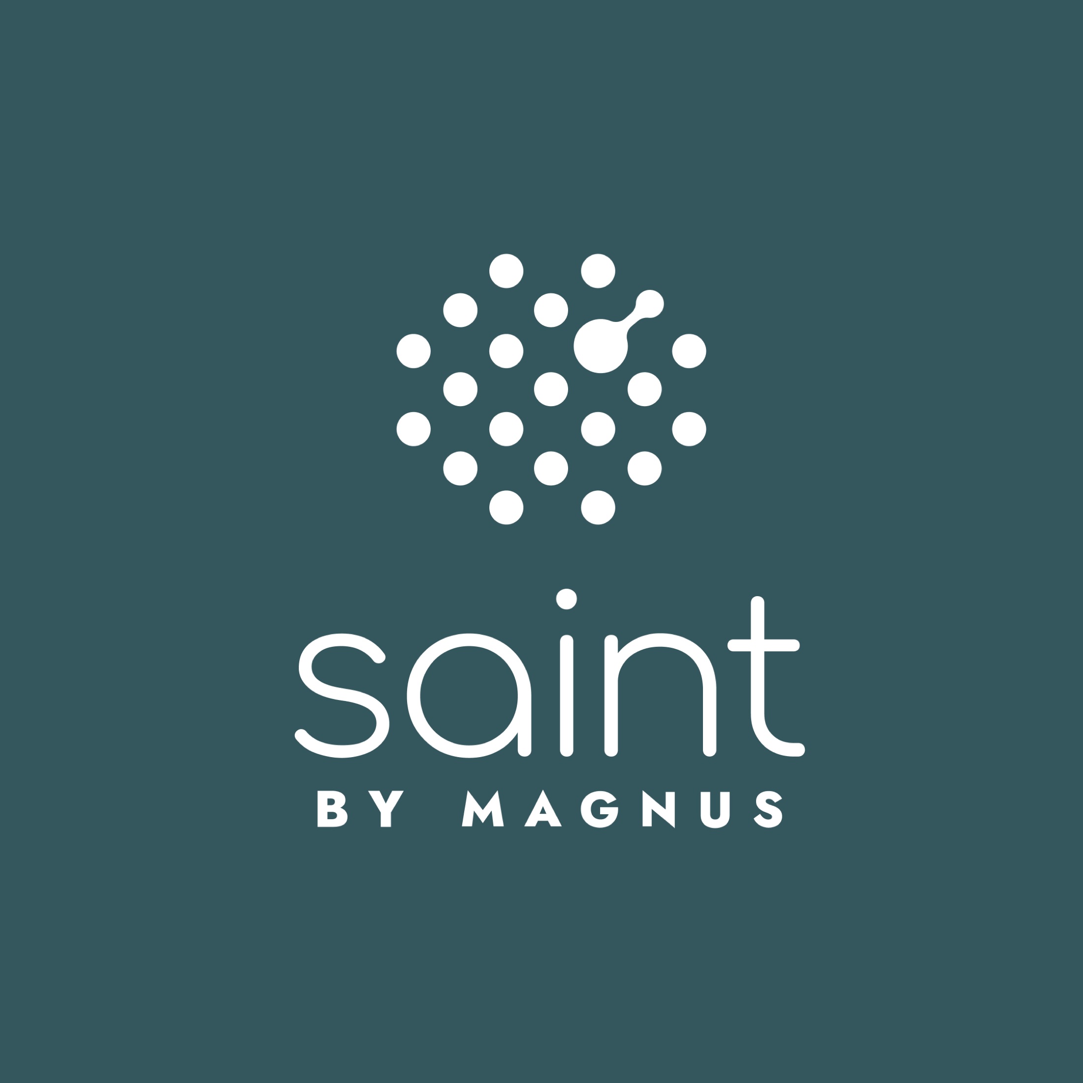 SAINT by Magnus vertical lockup on teal